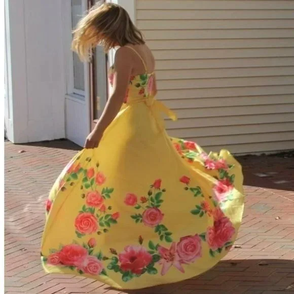 Luxmi Floral Printed Belle Maxi Prom Dress Yellow Size Medium NWT - Picture 2 of 3
